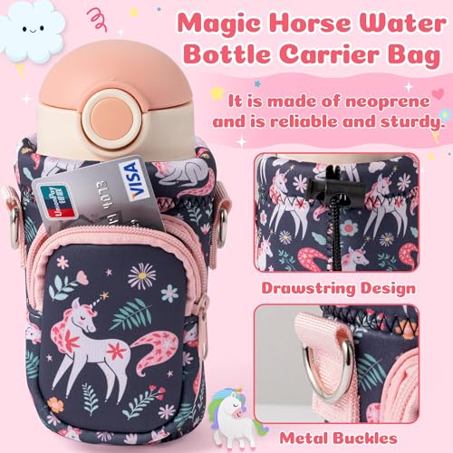 2ooya Water Bottle Carrier Bag with Strap - Magic Horse Water Bottle Bag Holder with Padded Strap Pocket 10/12/14/16/18Oz Neoprene Insulated Bottle Bag for Walking Hiking Camping - Image 3