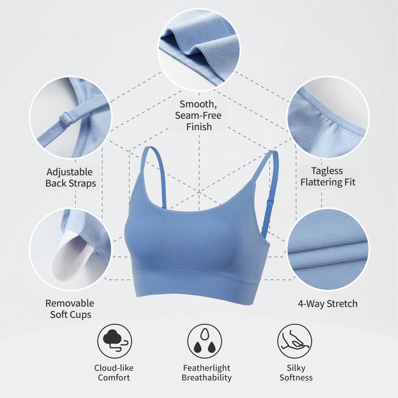 AMRIY Womenâ€™s Seamless Ribbed Sports Bra with Removable Pads Adjustable Thin Straps Light Support Workout Everyday Bra Green Blue, XXL - Image 4