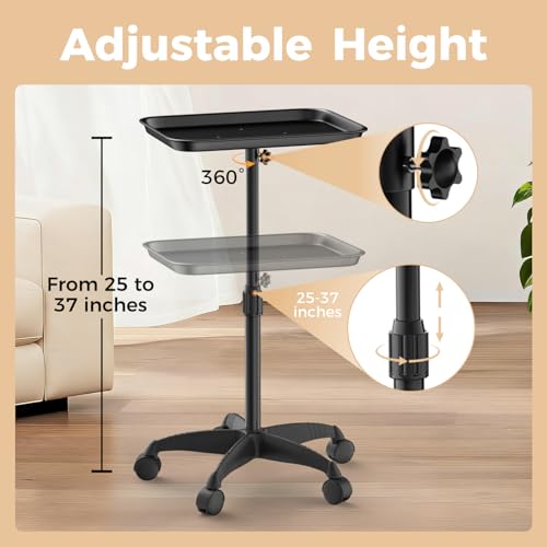 VERYTOP Rolling Salon Tray on Wheels Adjustable Height 2537 Tattoo Tray Premium Aluminum Easy Assembly Salon Trolley Cart for Clinic Spa Tattoo Studio Elderly Care Home Use37inch - Image 3