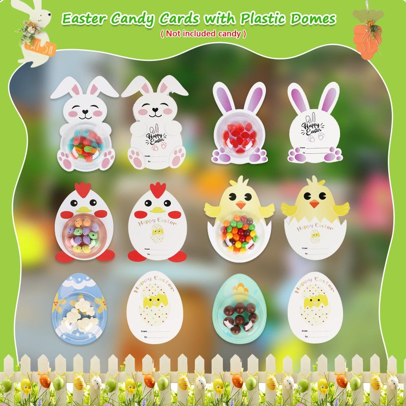 Tryly 24 Pack Easter Cards for Classroom, DIY Bunnies Eggs Chick Candy Cards with Plastic Domes, Easter Greeting Cards Holder for School Party Favors, Not Included Candy (24) - Image 3