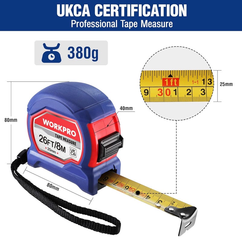 ووركبرو شريط قياس 8 أمتار و26 قدمًا، شريط قياس احترافي قابل للسحب، قياسات إمبراطورية ومترية مع مشبك حزام معدني - Image 2