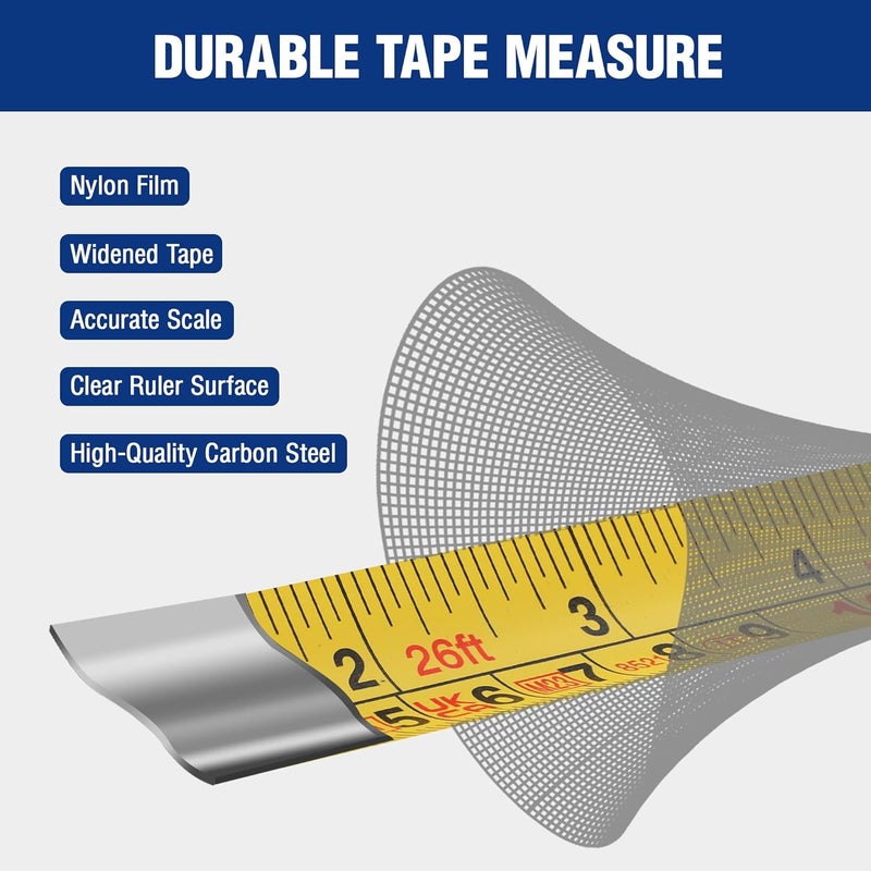 ووركبرو شريط قياس 8 أمتار و26 قدمًا، شريط قياس احترافي قابل للسحب، قياسات إمبراطورية ومترية مع مشبك حزام معدني - Image 4