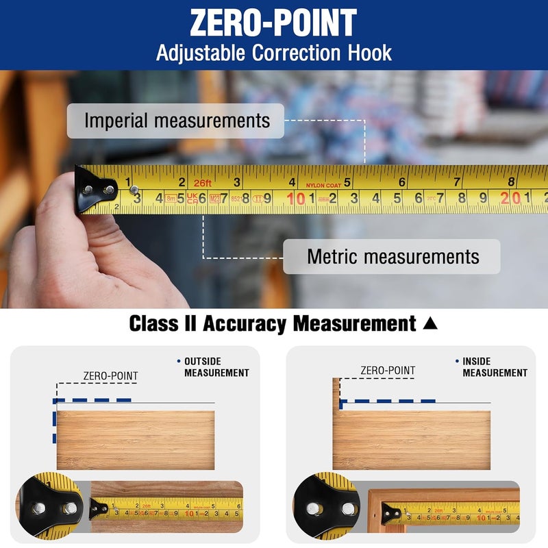 ووركبرو شريط قياس 8 أمتار و26 قدمًا، شريط قياس احترافي قابل للسحب، قياسات إمبراطورية ومترية مع مشبك حزام معدني - Image 3