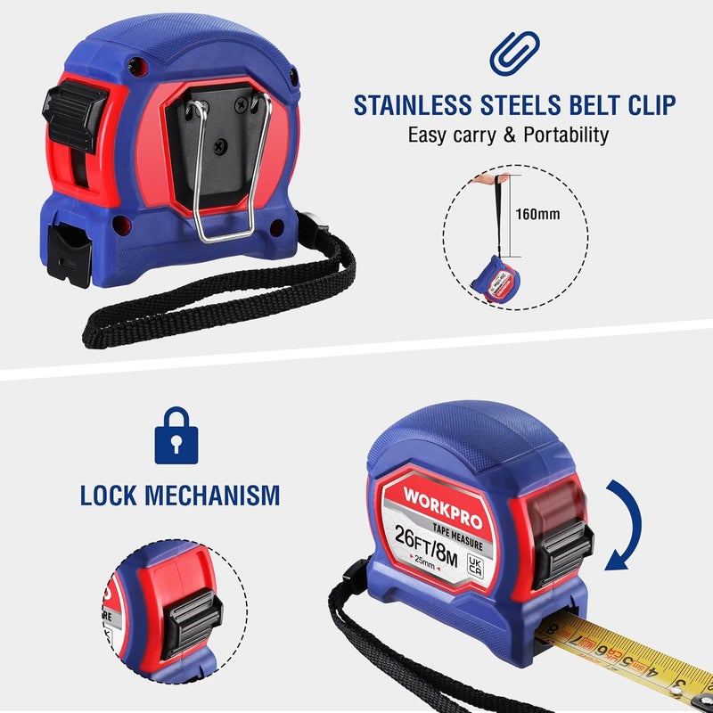 ووركبرو شريط قياس 8 أمتار و26 قدمًا، شريط قياس احترافي قابل للسحب، قياسات إمبراطورية ومترية مع مشبك حزام معدني - Image 5