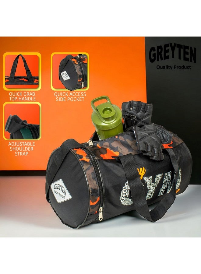 GREYTEN حقيبة جيم GREYTEN للرجال والنساء، حقيبة دفل صغيرة للرياضة، حقيبة دفل لحقيبة الجيم، حقيبة رياضية من البوليستر/حقيبة كتف/حقيبة جيم للتنس، الرقص، الجولف، كرة القدم، كروس فيت والسباحة (كامو برتقالي) - Image 3