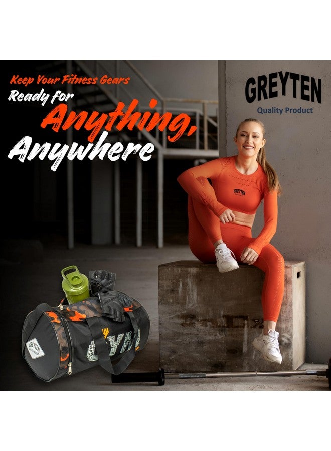 GREYTEN حقيبة جيم GREYTEN للرجال والنساء، حقيبة دفل صغيرة للرياضة، حقيبة دفل لحقيبة الجيم، حقيبة رياضية من البوليستر/حقيبة كتف/حقيبة جيم للتنس، الرقص، الجولف، كرة القدم، كروس فيت والسباحة (كامو برتقالي) - Image 4