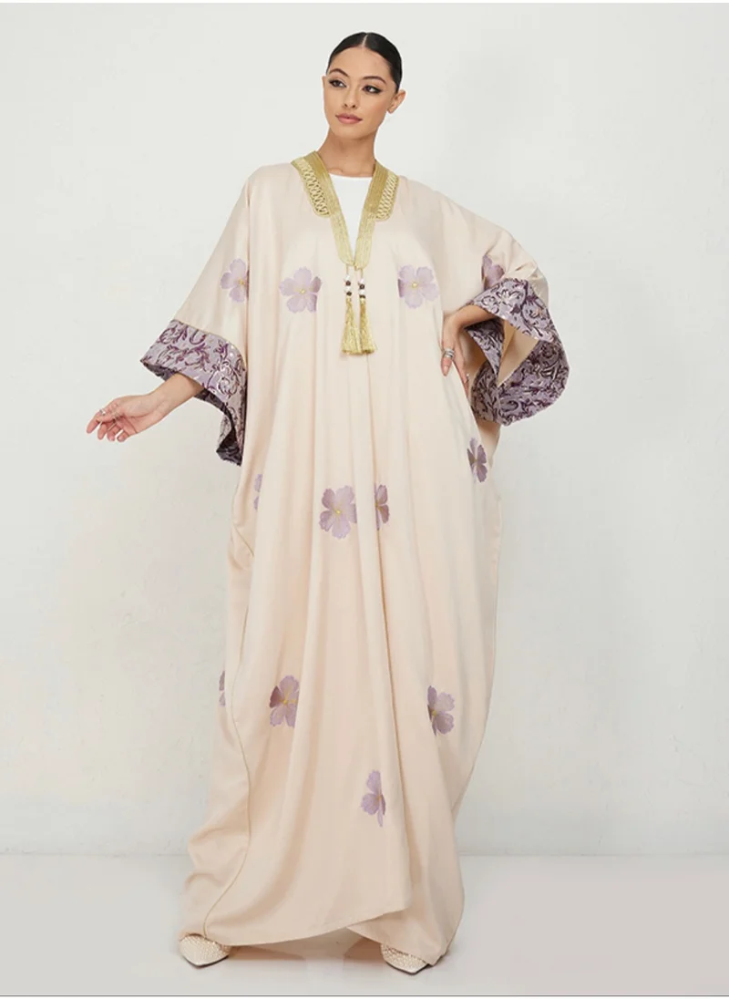 Rosette Abaya Bisht with purple flowers Embroidery design
