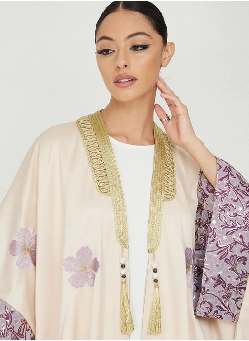 Rosette Abaya Bisht with purple flowers Embroidery design