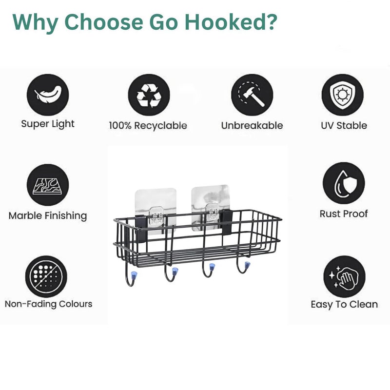 Go Hooked سلة تخزين معدنية مع خطافات | رف مثبت على الحائط بدون حفر ذاتي اللصق لتنظيم الحمام والمنزل | رف تخزين متعدد الاستخدامات | منظم رف الحمام | رف حائط معدني - Image 5