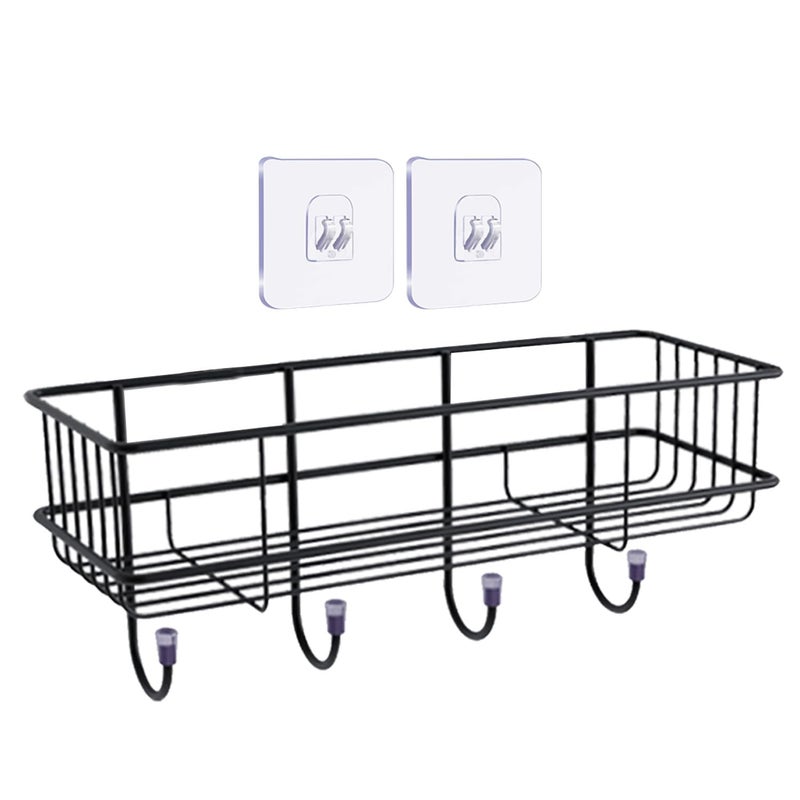 Go Hooked سلة تخزين معدنية مع خطافات | رف مثبت على الحائط بدون حفر ذاتي اللصق لتنظيم الحمام والمنزل | رف تخزين متعدد الاستخدامات | منظم رف الحمام | رف حائط معدني - Image 1