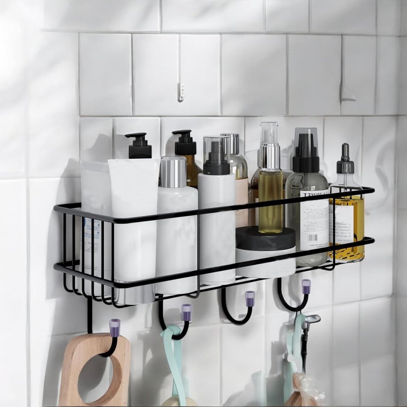 Go Hooked سلة تخزين معدنية مع خطافات | رف مثبت على الحائط بدون حفر ذاتي اللصق لتنظيم الحمام والمنزل | رف تخزين متعدد الاستخدامات | منظم رف الحمام | رف حائط معدني - Image 2