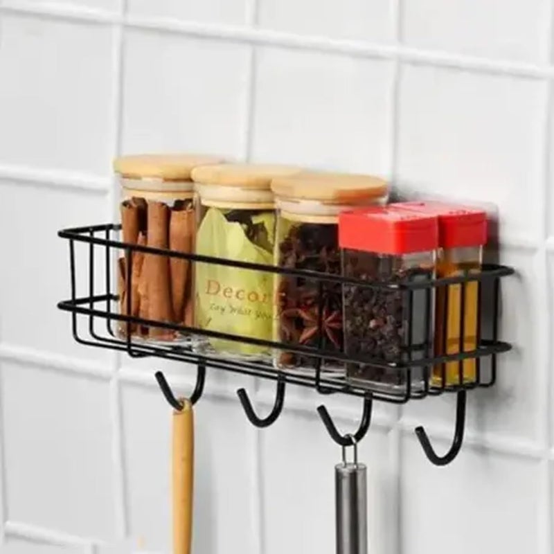 Go Hooked سلة تخزين معدنية مع خطافات | رف مثبت على الحائط بدون حفر ذاتي اللصق لتنظيم الحمام والمنزل | رف تخزين متعدد الاستخدامات | منظم رف الحمام | رف حائط معدني - Image 4