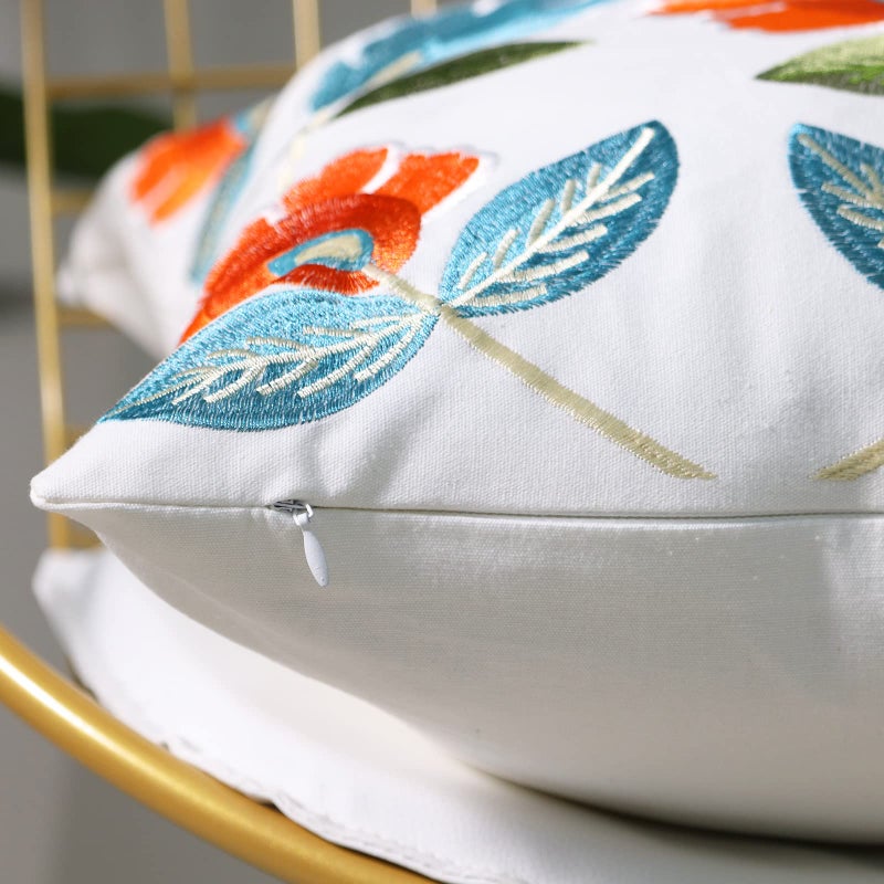 Pilmandu Set of 2 Embroidered Decorative Throw Pillow Covers Couch Square Pillowcases Cushion for Bedroom Sofa Farmhouse Decor 18x18 Inch (Flower) - Image 3