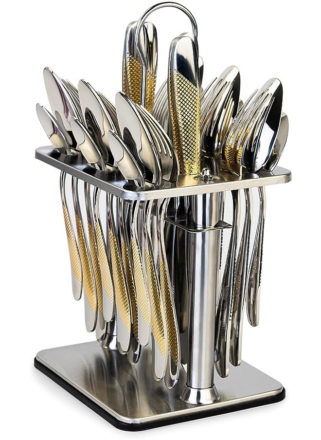 Cuisine Art 24 Piece Silverware Flatware Cutlery Set with Square Stand, Stainless Steel Includes 6 Knife, Fork, Tea Spoon, Dinner Mirror Polished, Dishwasher Safe  - Image 1