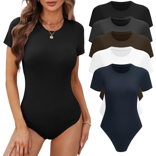 BALENNZ Women's 5 Pack Short Sleeve Round Neck Bodysuit Tops Crew Neck Basic Casual Tshirt Bodysuits Meduim - Image 5