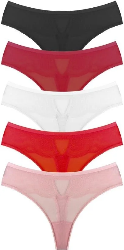 كوتن هيل Transparent Tulle, Lace and Stone Detailed Plus Size Women's Thong Panties, Pack of 5