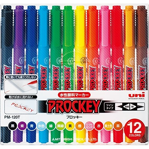 Uni Mitsubishi Pencil PM120T12CN Prokey Twin Water-Based Pen, Extra Fine, 12 Colors - Image 1