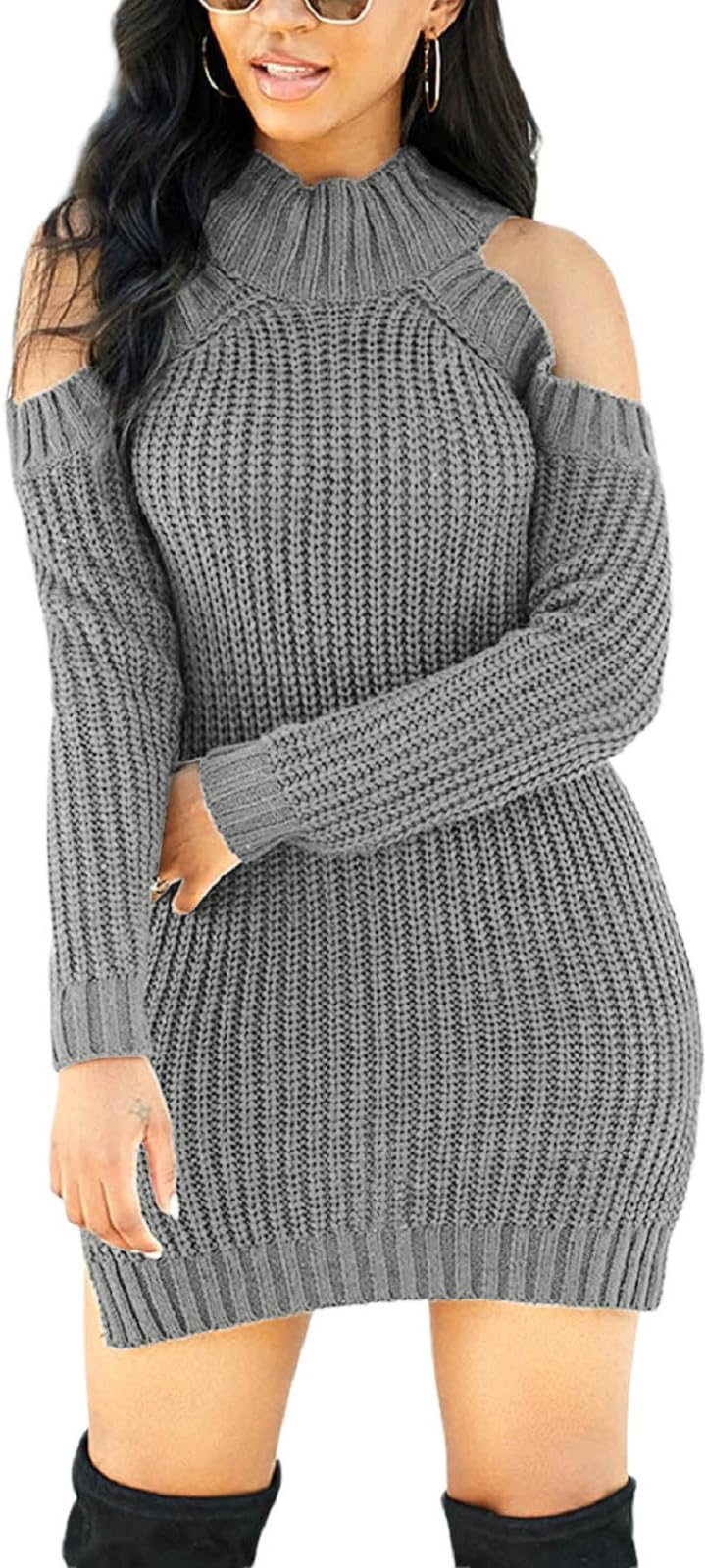 sexycherry Women Casual Grey Sweater Dress Mock Neck Long Sleeve Cold Shoulder Knit Loose Stretchy Pullover Sweater Winter Dresses Split Side(Small) - Image 2