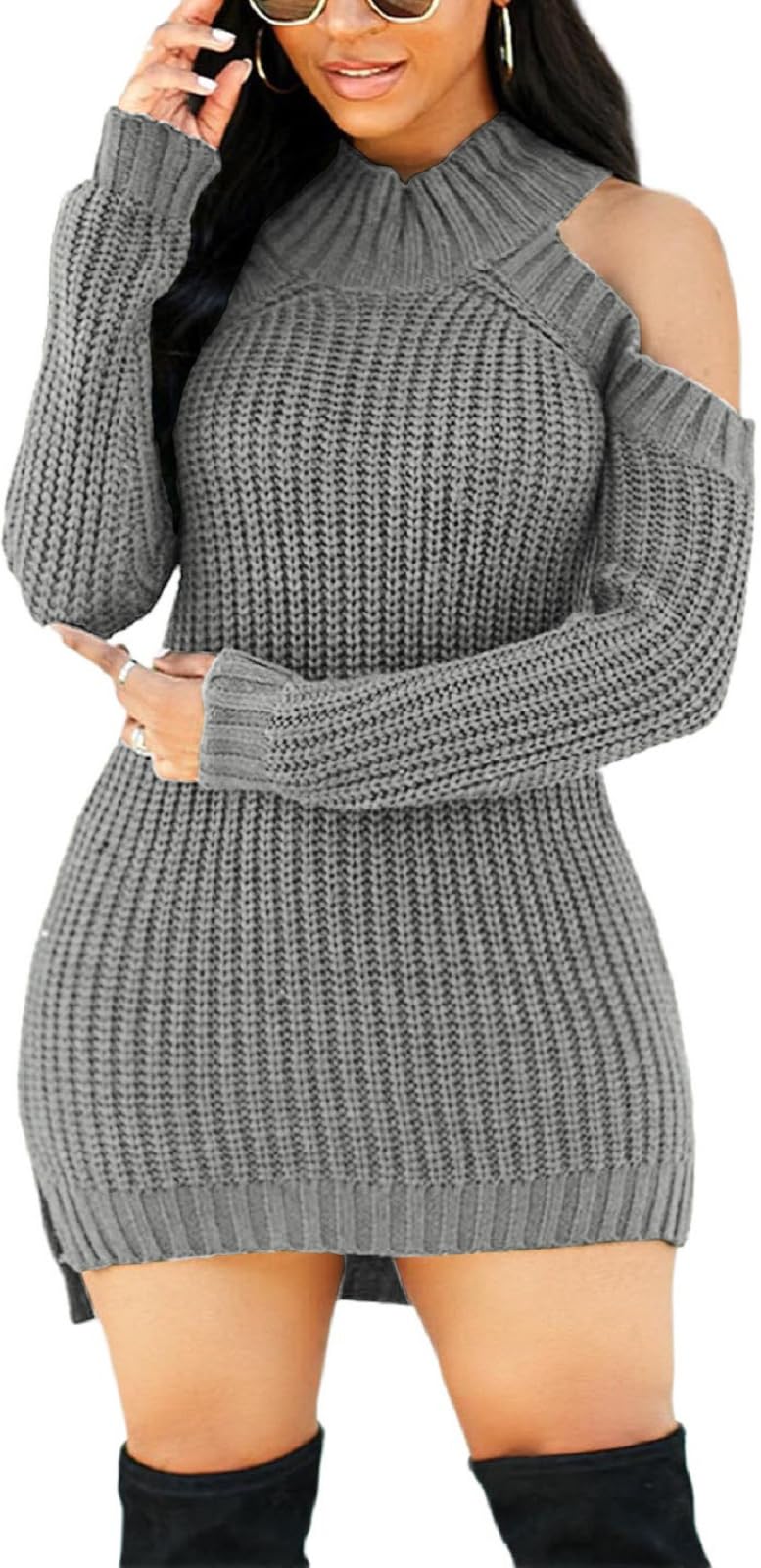 sexycherry Women Casual Grey Sweater Dress Mock Neck Long Sleeve Cold Shoulder Knit Loose Stretchy Pullover Sweater Winter Dresses Split Side(Small) - Image 1