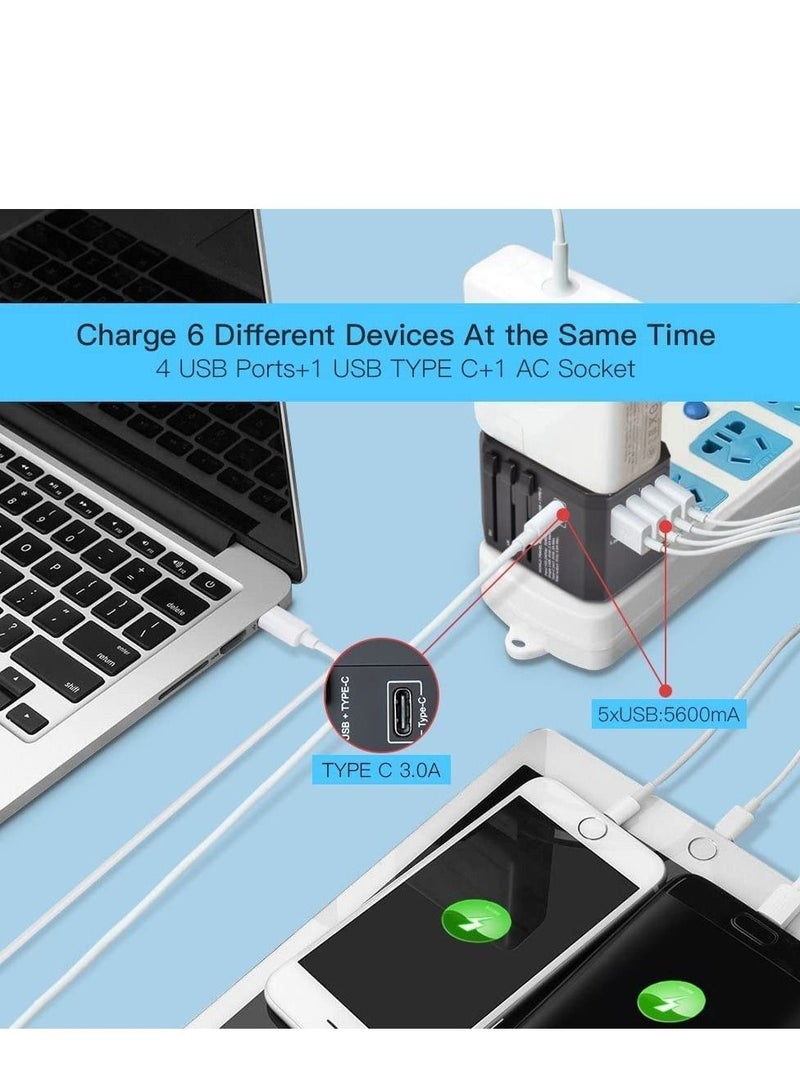 Universal Travel Adapter One International Wall Charger AC Plug Adaptor with 4 USB 5.6A Smart Power and 1 Ultra-Fast 3.0A USB Type-C For UK USA EU AUS (Black)  - Image 4