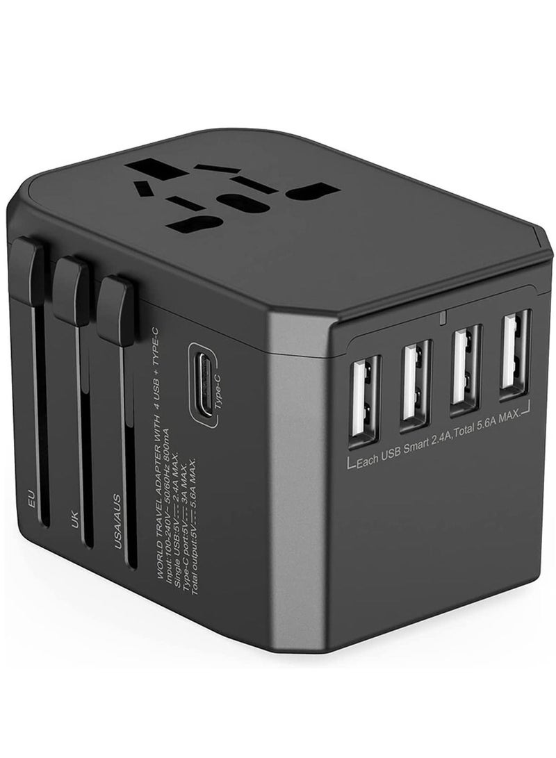 Universal Travel Adapter One International Wall Charger AC Plug Adaptor with 4 USB 5.6A Smart Power and 1 Ultra-Fast 3.0A USB Type-C For UK USA EU AUS (Black)  - Image 1