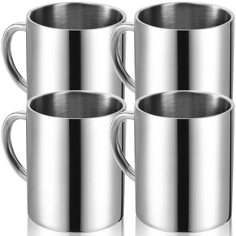 Tebery 4 Pcs 300ml Stainless Steel Coffee Mug, Double Walled Coffee Cup, Metal Insulated Mug, Camping Mugs, Silver - Image 1