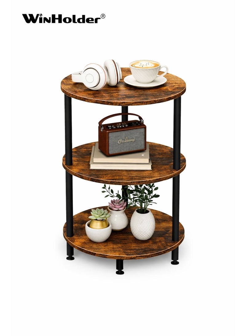 WinHolder Small Round Side Table - 3-Tier round Accent Table for Small Spaces, Rustic Wood and Metal Couch End Table, Nightstand for Bedroom or End Table Living Room, Easy to Assemble, Brown - Image 1