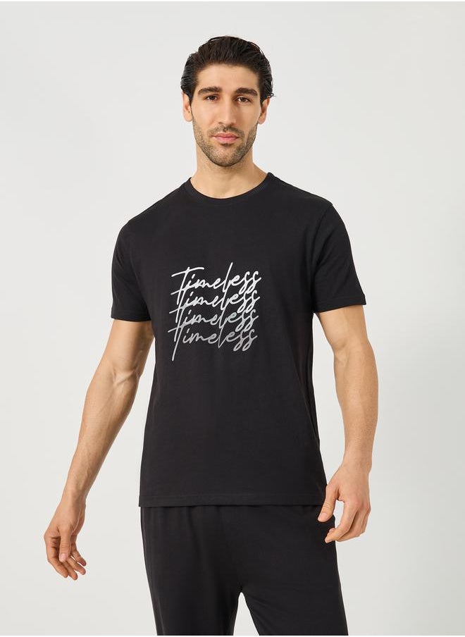 Styli Slogan Printed T-Shirt and Drawstring Waist Pyjama Set  - Image 2