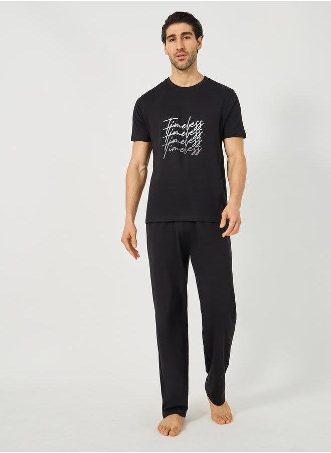 Styli Slogan Printed T-Shirt and Drawstring Waist Pyjama Set  - Image 1