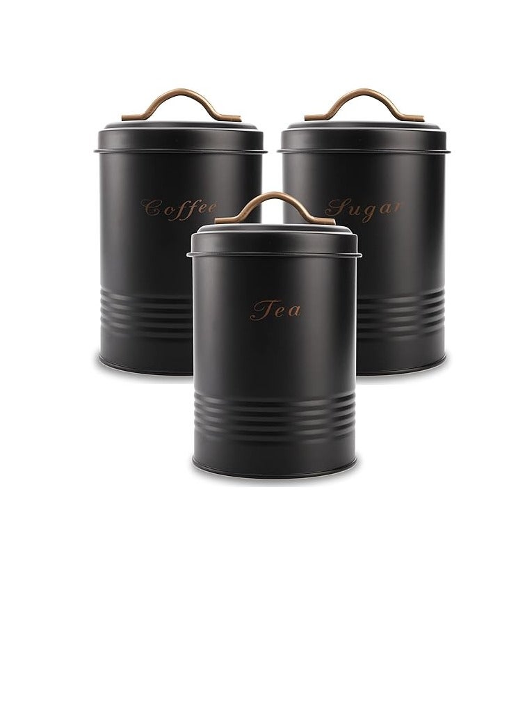 Farmhouse Kitchen Canisters Set – 3-Pack Rustic Metal Storage Jars for Sugar, Coffee, and Tea – Vintage Decor with Airtight Lids