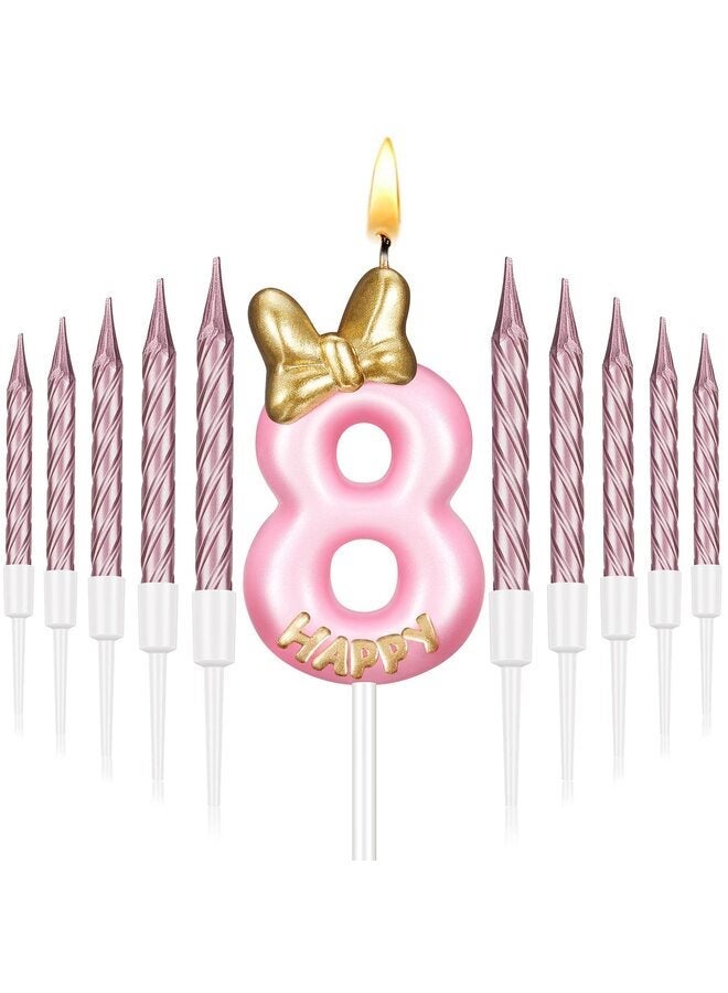 شمعة عيد ميلاد رقم ٨، شمعة عيد ميلاد وردية للبنات مع ١٠ شموع وردية طويلة ورفيعة لتزيين الكب كيك في حوامل، مستلزمات تزيين الكيك وخبز أعياد الميلاد - Image 1