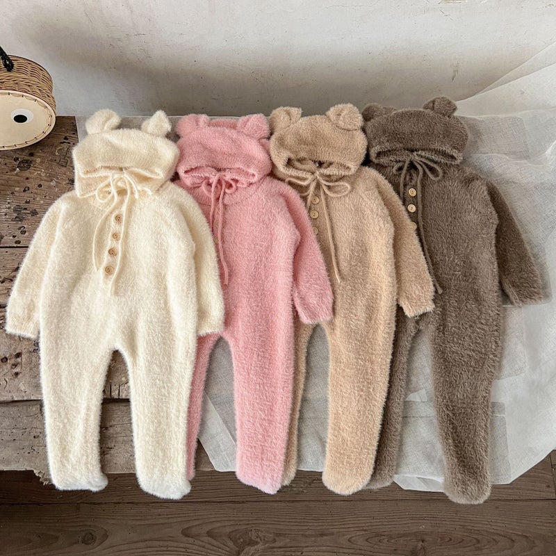 SHI YI Baby Winter Onesie with Detachable Hood, Cute Bear Design, Footed Romper for Newborns, Soft Velvet, Long Sleeve, Unisex - Image 2