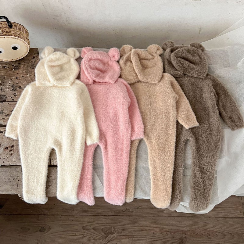 SHI YI Baby Winter Onesie with Detachable Hood, Cute Bear Design, Footed Romper for Newborns, Soft Velvet, Long Sleeve, Unisex - Image 3