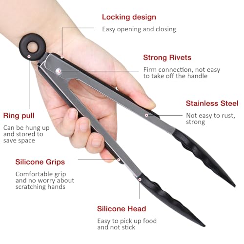 Pharamat 9 Inch Small Kitchen Tongs Set of 3, Silicone Cooking Tongs with Silicone Tips and Stainless Steel Handle, Tongs for Cooking, Serving - Image 4