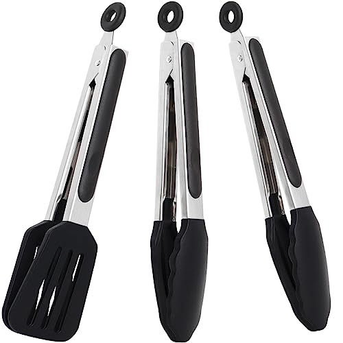 Pharamat 9 Inch Small Kitchen Tongs Set of 3, Silicone Cooking Tongs with Silicone Tips and Stainless Steel Handle, Tongs for Cooking, Serving - Image 1