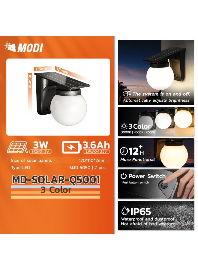MODI Solar Porch Light IP65 Waterproof 12 Hours Lighting 170x110mm 3C Color Outdoor Decorative Globe Lamp for Garden Pathway Yard Patio Energy Saving - Image 3