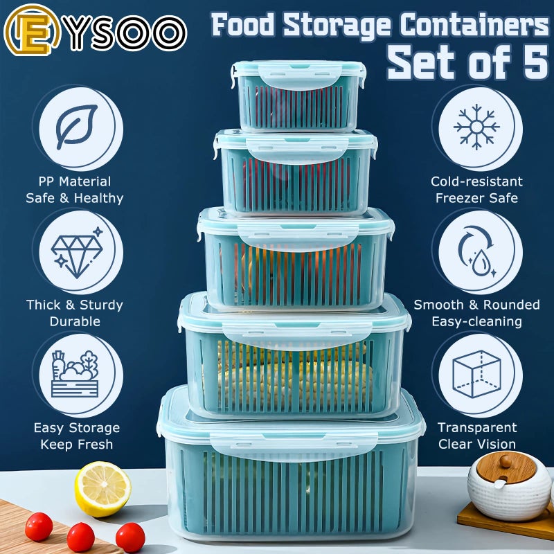 EYSOO Fridge Organizers 5 Pack Fridge Food Storage Container Set Stackable Food Containers BPA Free Vegetable Fruits Storage Containers Fridge Fresh Keeper Produce Saver with Lid and Drain Basket - Image 2