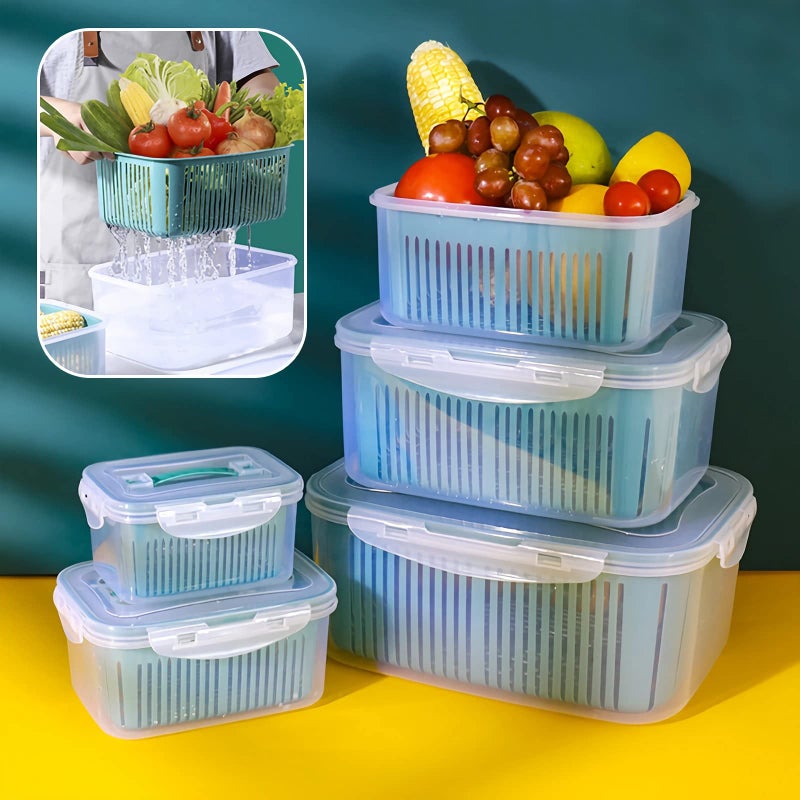 EYSOO Fridge Organizers 5 Pack Fridge Food Storage Container Set Stackable Food Containers BPA Free Vegetable Fruits Storage Containers Fridge Fresh Keeper Produce Saver with Lid and Drain Basket - Image 1