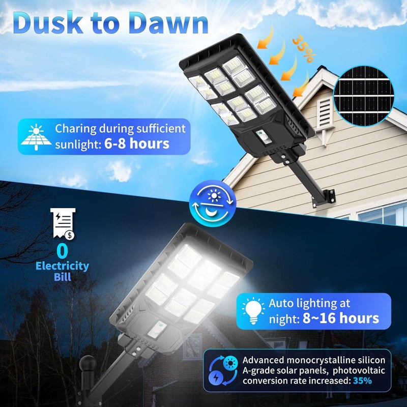 LANGY Solar Street Lights Outdoor 2000W, 6500K Solar Light Outdoor Waterproof Dusk to Dawn, Parking Lot Lights Commercial Motion Sensor with Remote, LED Street Light for Yard Outside - Image 3