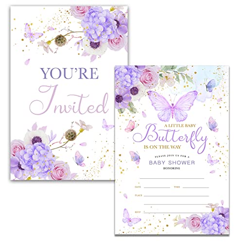 YIDOU Purple Butterfly Baby Shower Party Invitations Girl Butterfly Theme Fill in Invites Cards 20 Invitations and Envelopes (Double Sided) - Image 2