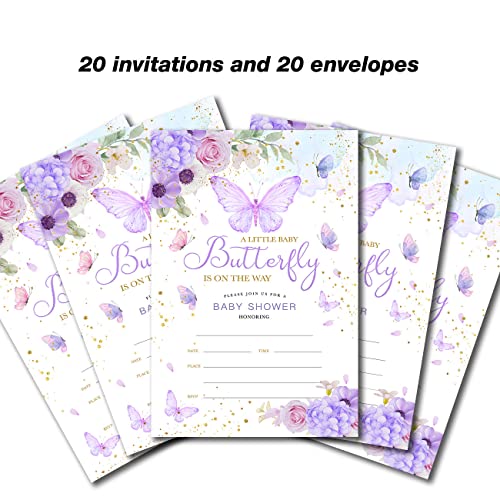 YIDOU Purple Butterfly Baby Shower Party Invitations Girl Butterfly Theme Fill in Invites Cards 20 Invitations and Envelopes (Double Sided) - Image 4