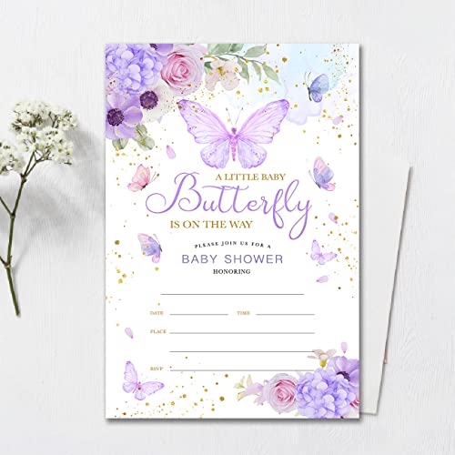 YIDOU Purple Butterfly Baby Shower Party Invitations Girl Butterfly Theme Fill in Invites Cards 20 Invitations and Envelopes (Double Sided) - Image 3