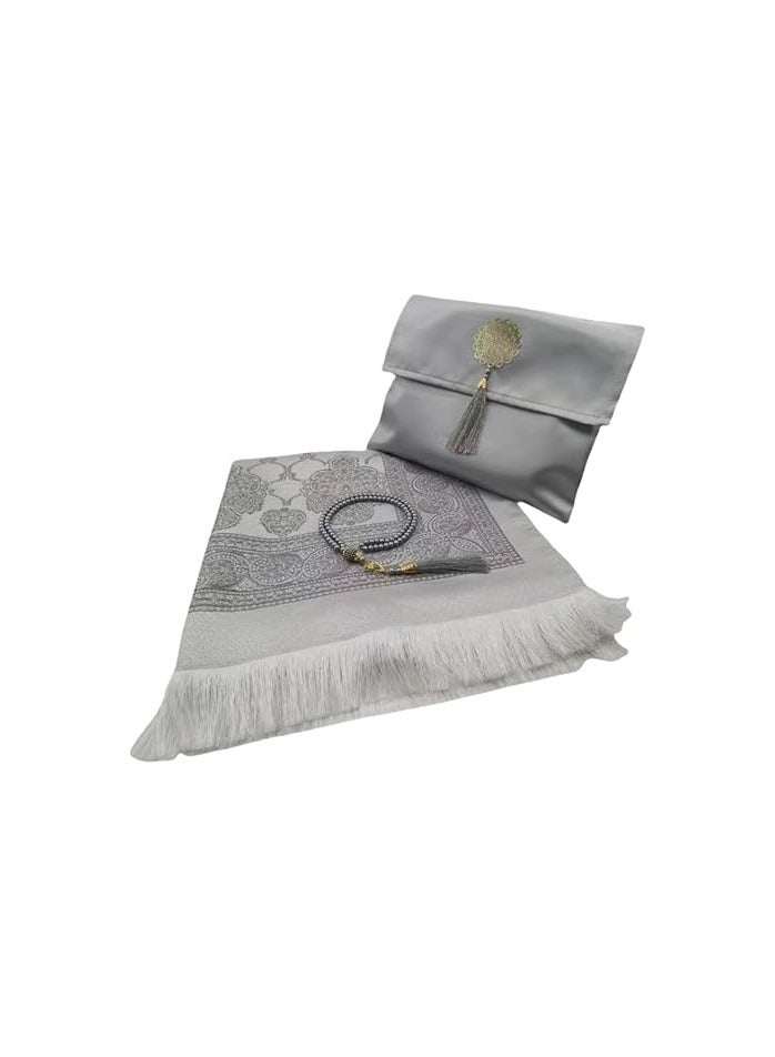 Muslim Prayer Rug with Beads & Elegant Slub Fabric Bag | Soft Islamic Janamaz Sajadah Prayer Carpet Mat | Silk Fabric (Grey)