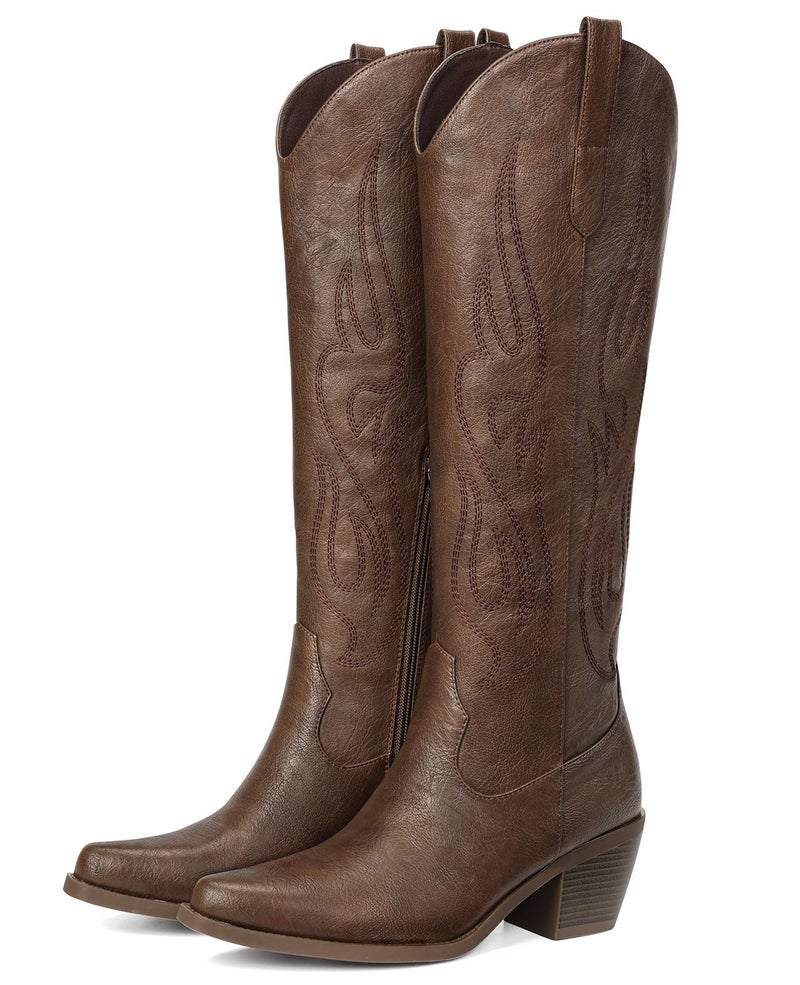 Pasuot Brown Cowboy Boots for Women - Wide Calf Cowgirl Knee High Western Boots with Side Zip and Embroidered, Pointed Toe Chunky Heel Retro Classic Tall Boot Pull On for Ladies Fall Winter US 8 - Image 5