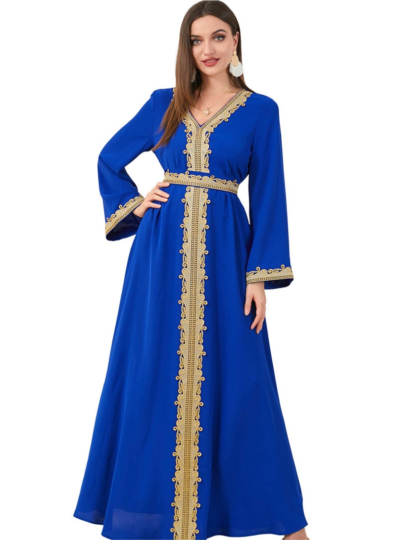 Muslim Dresses for Women One Piece Long Sleeve V Neck Lace Belted Islamic Prayer Dress Abaya Kaftan Dubai Casual Dress jalabiyas  - Image 1