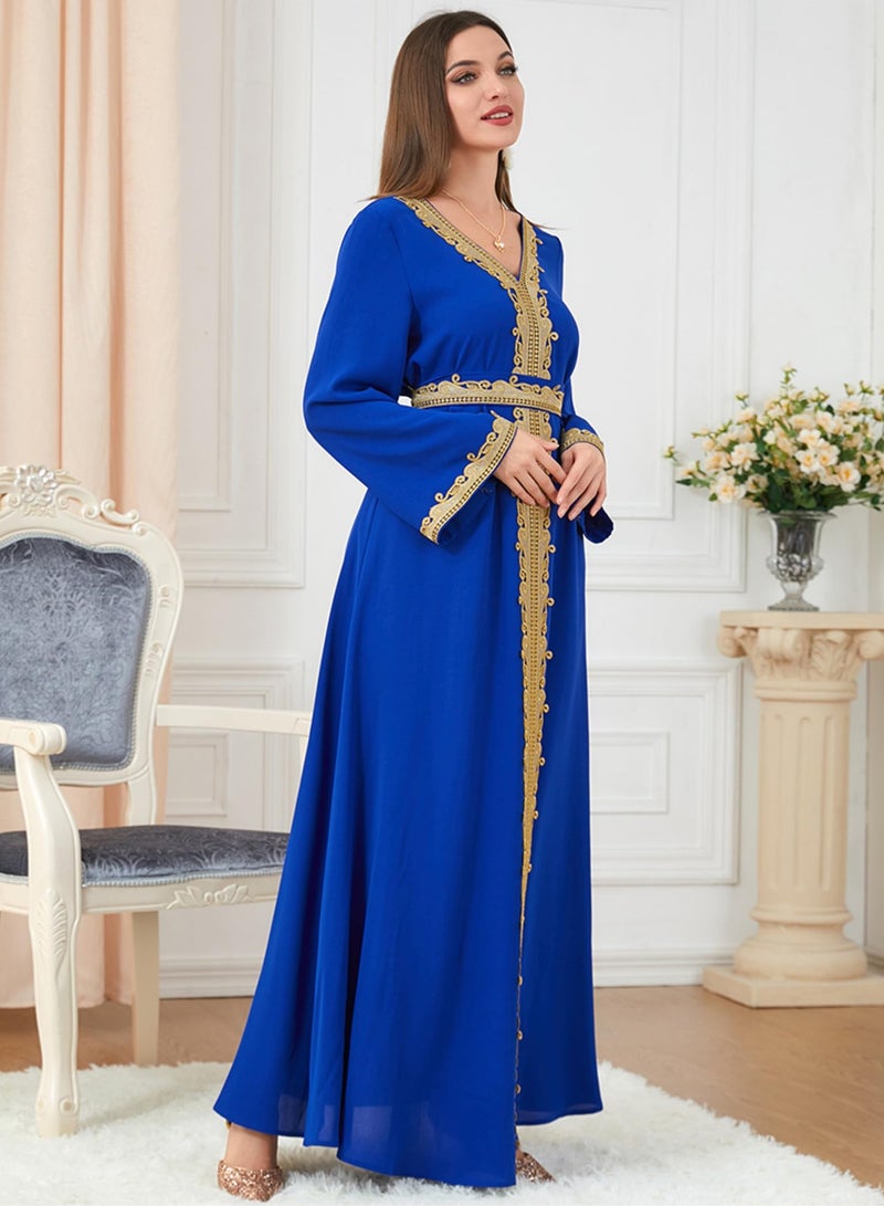 Muslim Dresses for Women One Piece Long Sleeve V Neck Lace Belted Islamic Prayer Dress Abaya Kaftan Dubai Casual Dress jalabiyas  - Image 4