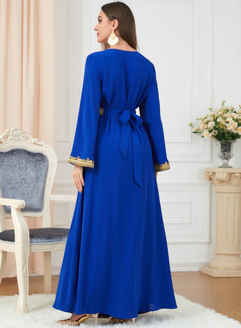 Muslim Dresses for Women One Piece Long Sleeve V Neck Lace Belted Islamic Prayer Dress Abaya Kaftan Dubai Casual Dress jalabiyas  - Image 2