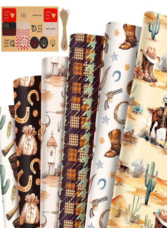 Resflyar Western Cowboy Wrapping Paper, 12 Sheet Wild West Rodeo Wrapping Paper, Horse Cactus Gift Wrap Papers with Jute Twine Sticker for Baby Shower Birthday Wedding Party Gift Packing, 20 x 27 Inch - Image 1