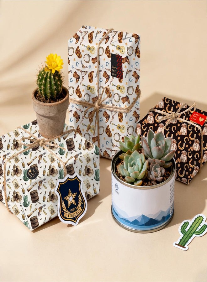 Resflyar Western Cowboy Wrapping Paper, 12 Sheet Wild West Rodeo Wrapping Paper, Horse Cactus Gift Wrap Papers with Jute Twine Sticker for Baby Shower Birthday Wedding Party Gift Packing, 20 x 27 Inch - Image 4