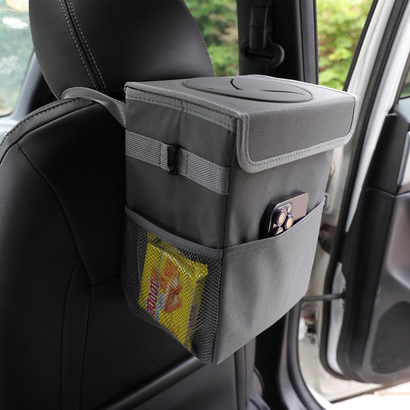 AOKJOY Car Garbage can with lid Leak Proof Vehicle Trash Can 3 Storage Pockets Hanging Waterproof car Trash Bag for SUV Grey - Image 3